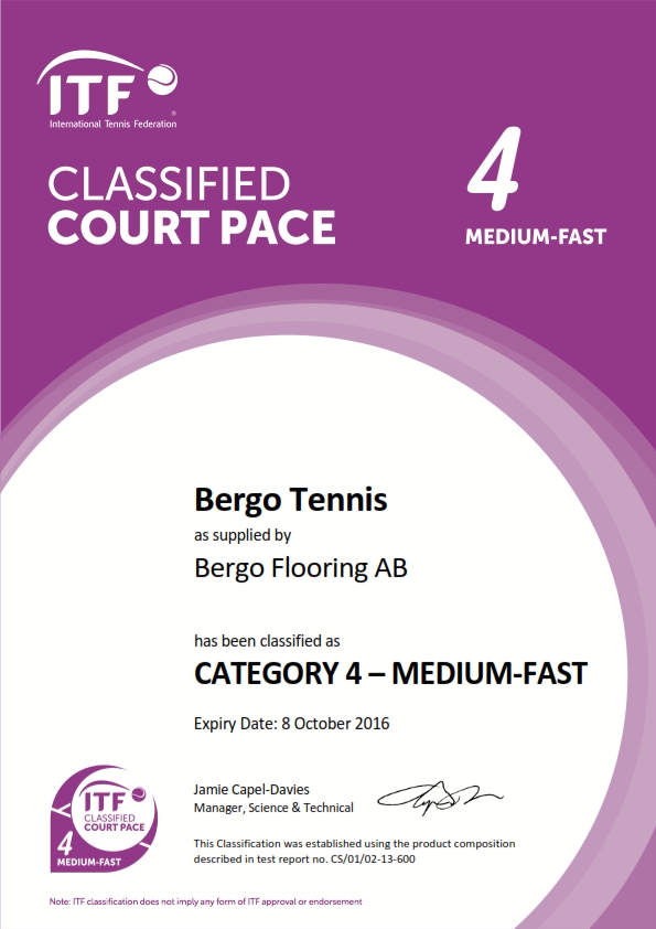 Zertifizierung Bergo Tennisplatz-System Stufe 4 Medium